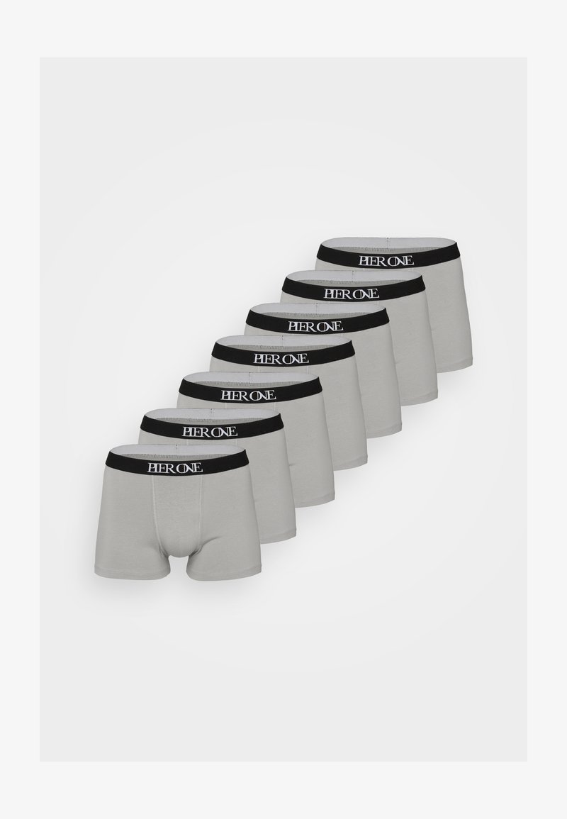 Sju par grå boxerkalsonger med svart elastiskt midjeband som har "PIR ONE"-logotypen. Mjuk tyg med en tight passform.