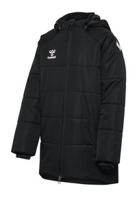 Veste noire rembourrée avec capuche, dotée d'une fermeture éclair à l'avant, de poignets élastiques et d'un logo sur la poitrine gauche. Tissu texturé avec un design matelassé.