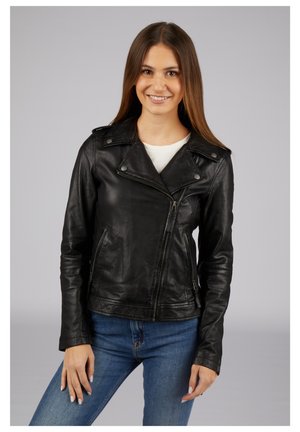 Black leather biker jacket with silver hardware, asymmetrical zip closure, and double breast pocket. Soft texture with a fitted silhouette.