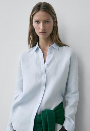 Frau trägt ein hellblaues Hemd mit Knöpfen und einen grünen Pullover, der um ihre Taille gebunden ist, und steht vor einem einfachen weißen Hintergrund.