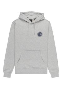 Sudadera gris con un bolsillo canguro, capucha con cordón y logo azul marino en el pecho. Hecha de una tela suave con un acabado texturizado.