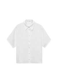 Short-sleeve white button-up shirt with pointed collar and light-colored buttons, displayed on a plain white background.