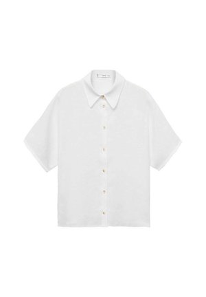 Witte knopshirt met korte mouwen en een puntige kraag, met lichtgekleurde knopen, getoond op een effen witte achtergrond.