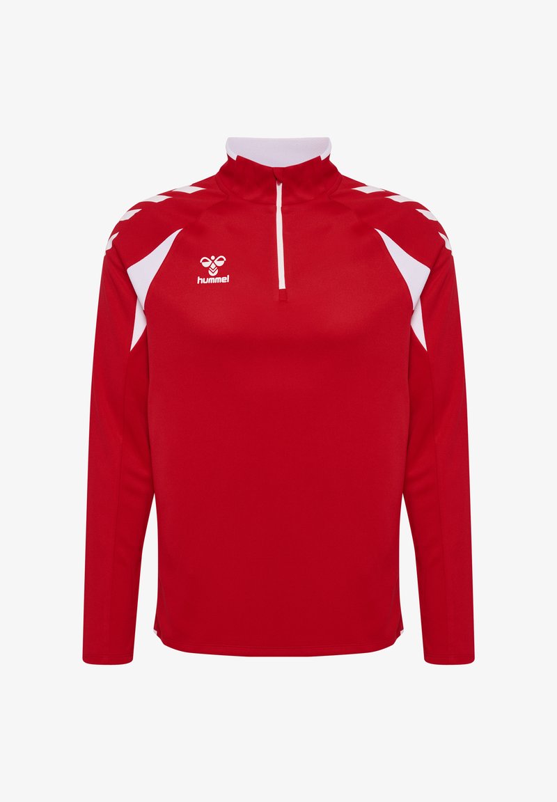 Polo de sport rouge à manches longues avec accents blancs, fermeture éclair au quart, col montant et logo hummel sur la poitrine.