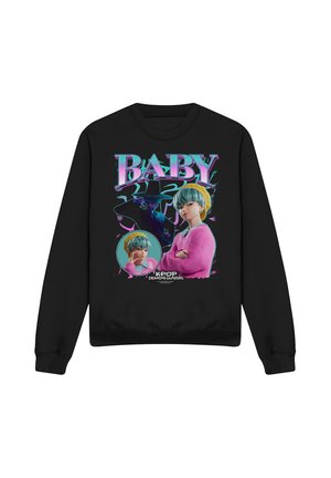 Black sweatshirt with colorful graphic of a character with blue hair in pink sweater and yellow hat, text "BABY" and "KPOP DEMON HUNTERS".