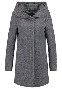 Cappotto in misto lana grigio con ampio cappuccio, chiusura frontale diagonale e maniche lunghe. Tessuto strutturato con motivo sottile.