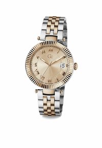 Orologio in oro e argento con lunetta scanalata, numeri romani, quadrante testurizzato e indicazione della data. Bracciale in metallo con maglie lucide e spazzolate.