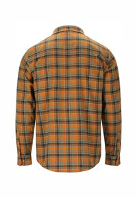 Pitkähihaista flanellipaitaa, jossa on ruudullinen kuvio oranssilla, harmaalla ja laivastonsinisellä värillä. Pehmeä rakenne, jossa on napitettu hihansuu ja kaulus.