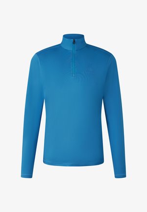 Bluza z długim rękawem i zamkiem o długości ćwiartki w jasnym niebieskim kolorze, wykonana z gładkiego, lekkiego materiału. Posiada wysoki kołnierz i subtelne logo na piersi.