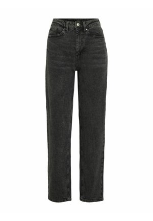 Černé džíny s vysokým pasem a rovný fit, s předními kapsami a zapínáním na knoflík. Materiál má jemnou strukturu.