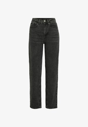 Jeans in denim neri a vita alta con vestibilità dritta, dotati di tasche anteriori e chiusura con bottone. Il tessuto ha una leggera texture.