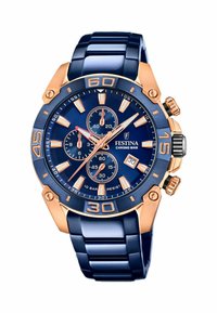 Orologio Festina Chrono Bike con quadrante blu, dettagli in oro rosa, sottodial di cronografo e cinturino in resina blu. Impermeabile fino a 10 bar.