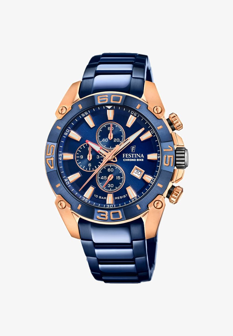 Orologio Festina Chrono Bike con quadrante blu, dettagli in oro rosa, sottodial di cronografo e cinturino in resina blu. Impermeabile fino a 10 bar.