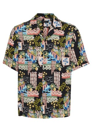 Rövid ujjú fekete ing, amely színes mintázatot ábrázol épületekkel, levelekkel és hullámokkal rózsaszín, zöld, kék és sárga árnyalatokban.