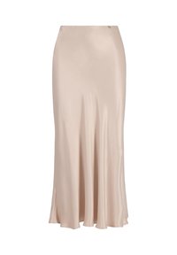 Satin midi rok in lichtbeige, met een gladde textuur, rechte snit, zijsplit en een kleine gouden accent op de tailleband.