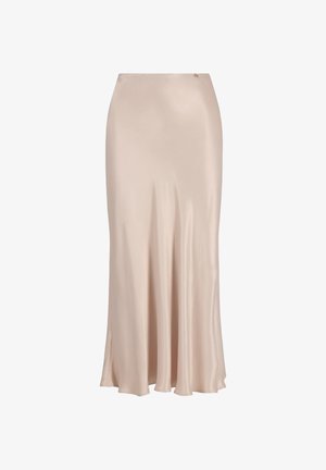 Satin midi rok in lichtbeige, met een gladde textuur, rechte snit, zijsplit en een kleine gouden accent op de tailleband.