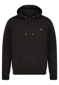 Sudadera negra con cordones naranjas y un bolsillo canguro. Presenta un pequeño logo en el pecho para la marca. Estilo sencillo y casual.