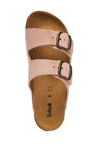 Rosa mocka slide-sandaler med två justerbara remmar och spännen i guldton. Naturlig texturerad fotbädd med varumärket "Scholl" och storlek.
