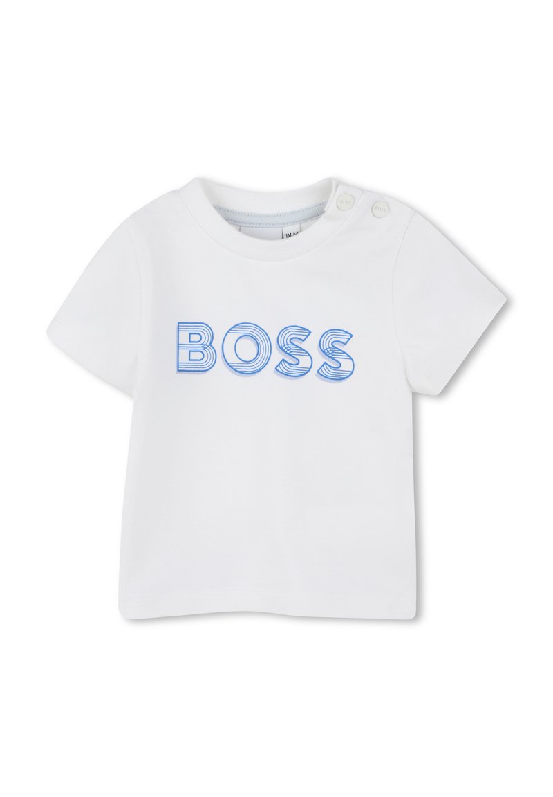 T-shirt bianco a maniche corte in cotone con logo "BOSS" blu e design a strisce. Due bottoni a pressione sulla spalla per una facile vestibilità.