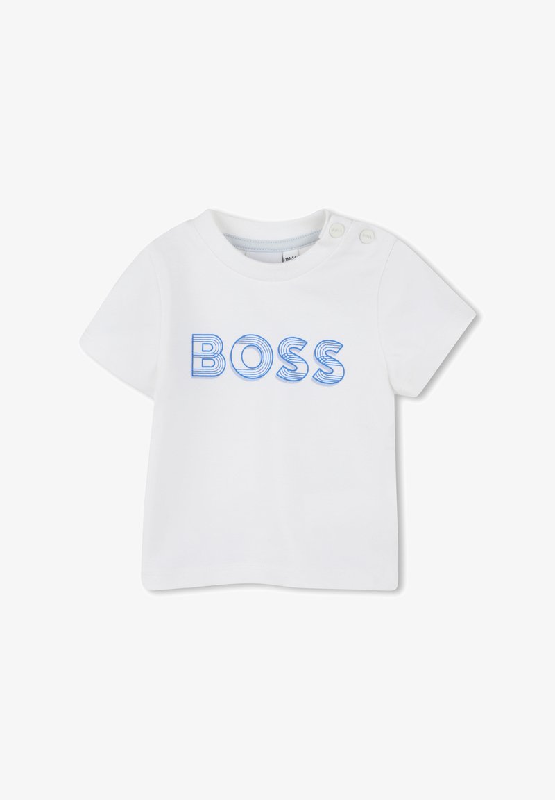 T-shirt bianco a maniche corte in cotone con logo "BOSS" blu e design a strisce. Due bottoni a pressione sulla spalla per una facile vestibilità.