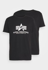 Black cotton T-shirt featuring a white logo with stylized letters and horizontal lines. Classic crew neckline and short sleeves.