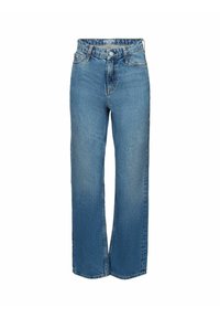 Jeans de mezclilla de tiro alto, de pierna ancha y color azul claro, con cierre de botón y bolsillos estándar. La tela tiene una textura ligeramente desflecada.