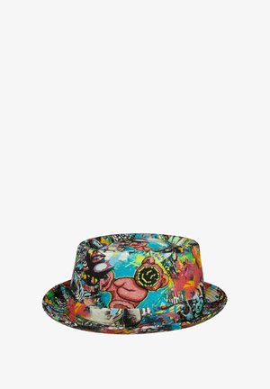 Colorful bucket hat with graffiti-style artwork, featuring a pink bear with a pixelated smiley face on a bright blue background.