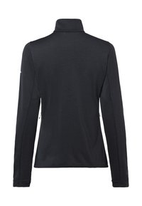 Zwarte lange mouwen jas met hoge kraag, slanke pasvorm en gestructureerde stof, gezien van achteren.