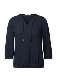Blusa blu navy con scollo a V, dettaglio con cordino, maniche a tre quarti e orlo elastico. Realizzata in un tessuto texturizzato.