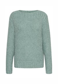 Šviesiai žalia mezginė megztinis su tekstūruotu raštu; turi apvalų iškirpimą ir ilgomis rankovėmis, baigiasi klube su tiesiu galiuku.