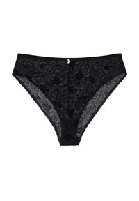 Czarne koronkowe majtki z haftem w kwiaty, półprzezroczysty przód i tył, elastyczny pas oraz mały metalowy akcent.