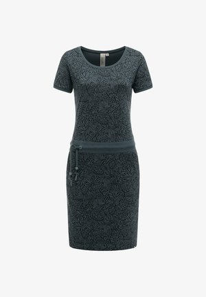 Dunkelgraues kurzärmeliges Kleid mit floralem Muster und Kordelzuggürtel in der Taille, knielang, runder Ausschnitt.