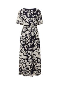 Maxikleid mit kurzen Ärmeln, das ein marineblaues Blumenmuster auf cremefarbenem Hintergrund hat, mit tailliertem Schnitt und fließendem Stoff für eine bequeme Bewegungsfreiheit.