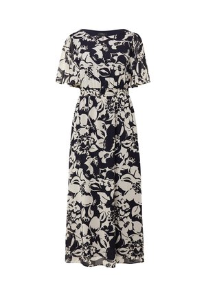 Robe maxi à manches courtes avec un imprimé floral bleu marine sur fond crème, taille cintrée et tissu fluide pour une liberté de mouvement.