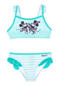Light teal swim top with polka dots, features Mickey and Minnie prints, adjustable straps. Matching striped bottom with ruffled edges.