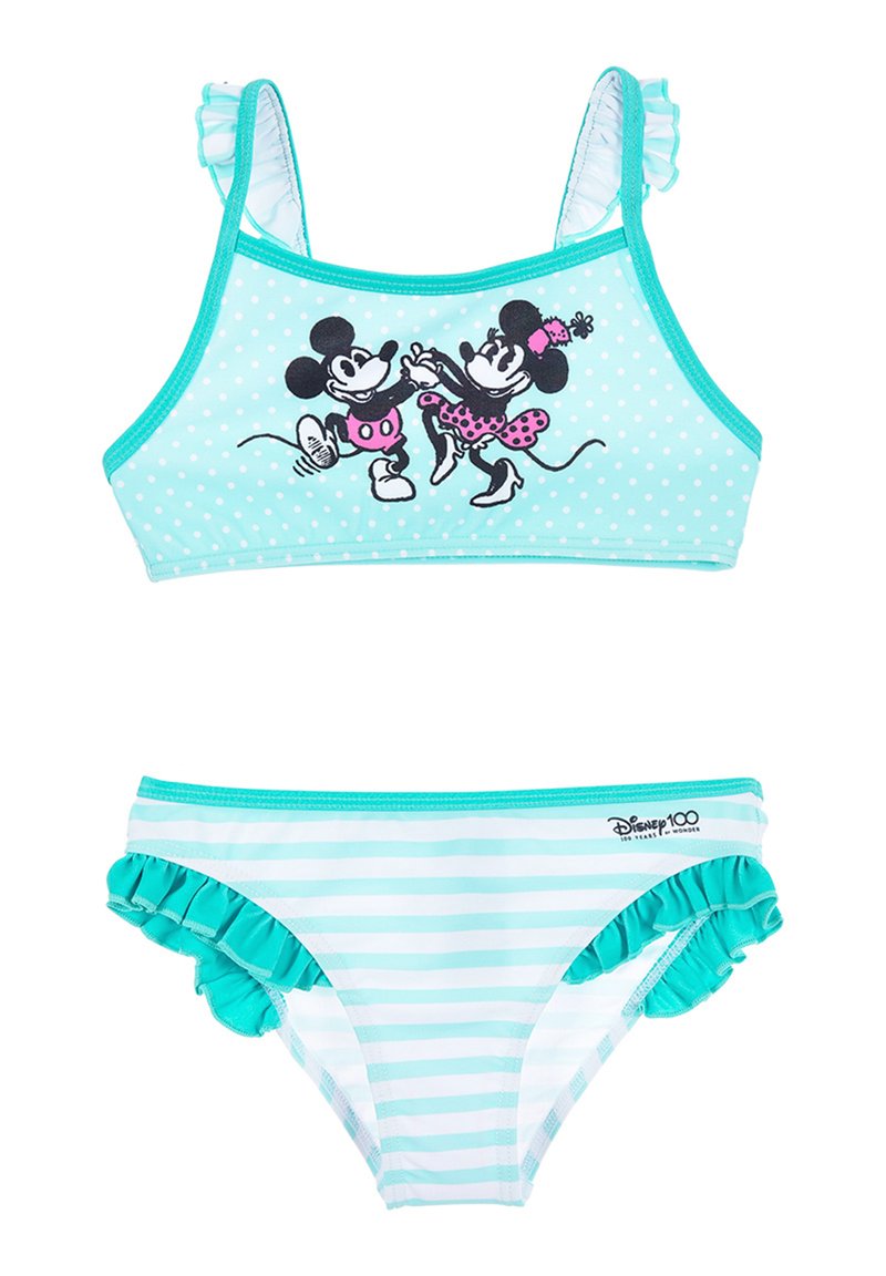 Light teal swim top with polka dots, features Mickey and Minnie prints, adjustable straps. Matching striped bottom with ruffled edges.