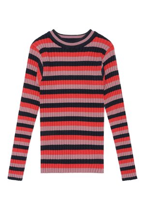 Geribbelde lange mouw sweater met afwisselend rode, roze en marineblauwe horizontale strepen. Ronde halslijn met een gestructureerde afwerking.