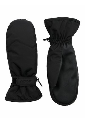 Schwarze Handschuhe aus weichem Außenmaterial, mit elastischem Handgelenksverschluss und einer Lederhandfläche. Mit einem Logo am Riemen für zusätzlichen Detail.