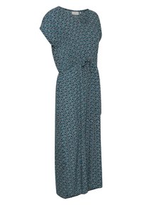Robe maxi sans manches bleu sarcelle avec motif paisley blanc et ceinture ajustable à la taille, col rond.