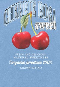 Cerezas rojas con tallos y hojas verdes, sobre un fondo azul claro. El texto destaca los productos orgánicos de Italia.