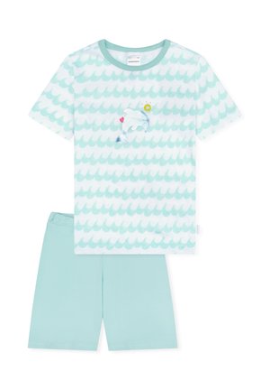 Zweiteiliges Kinder-Pyjama-Set in Hellblau mit Wellenmustern auf dem Oberteil, einem Delfinmotiv und einfarbigen Shorts.