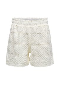 Shorts bianchi all'uncinetto con un design a trama testurizzata e openwork, dotati di una vita elasticizzata e bordi scallop.