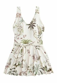 Florales Sommerkleid aus leichtem Stoff. Es hat einen tiefen V-Ausschnitt, ärmelloses Design, eine taillierte Taille mit einem Bindeband und einen ausgestellten Rock.