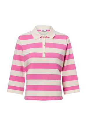 Gestreiftes Polohemd mit horizontalen rosa und crèmefarbenen Streifen, kurzen Ärmeln, einem Kragen und einer Knopfleiste mit drei Knöpfen vorne. Aus Baumwolle.