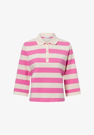 Gestreiftes Polohemd mit horizontalen rosa und crèmefarbenen Streifen, kurzen Ärmeln, einem Kragen und einer Knopfleiste mit drei Knöpfen vorne. Aus Baumwolle.