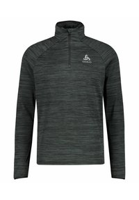 Donkergrijze kwart-rits pullover met een textuur en een gemêleerd patroon. Heeft lange mouwen en een klein logo op de borst. Zachte stof.