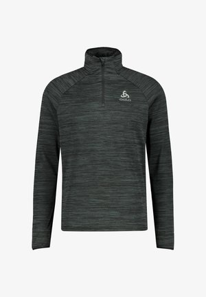 Donkergrijze kwart-rits pullover met een textuur en een gemêleerd patroon. Heeft lange mouwen en een klein logo op de borst. Zachte stof.