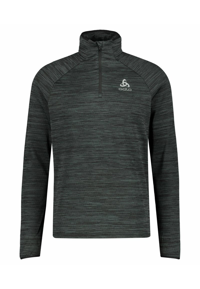 Donkergrijze kwart-rits pullover met een textuur en een gemêleerd patroon. Heeft lange mouwen en een klein logo op de borst. Zachte stof.