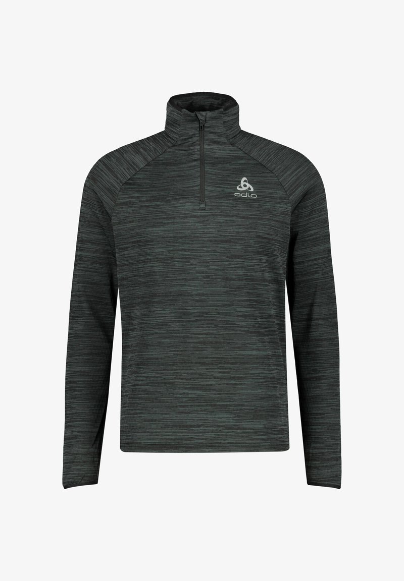 Dunkelgrauer Quarter-Zip-Pullover mit strukturiertem, meliertem Muster. Verfügt über lange Ärmel und ein kleines Logo auf der Brust. Weicher Stoff.