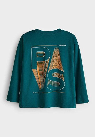 Teal långärmad T-shirt i bomull med en geometrisk orange grafisk "PS" design på baksidan, med rundad halsringning och rak nederkant.